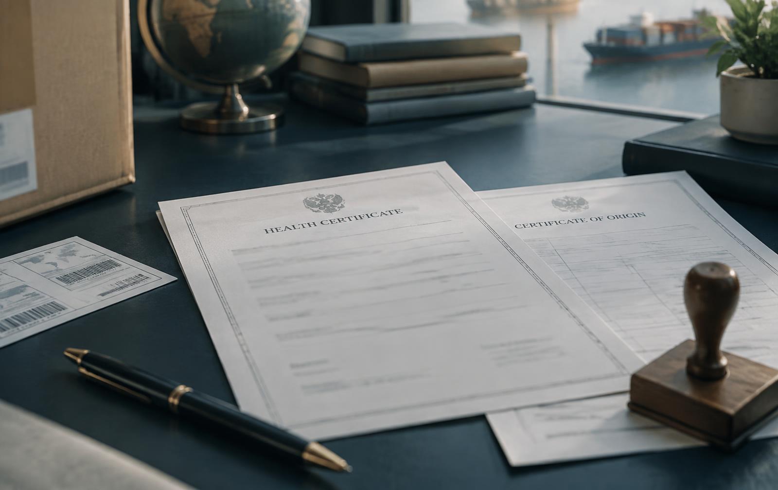 Export health certificates and shipping documents on a desk