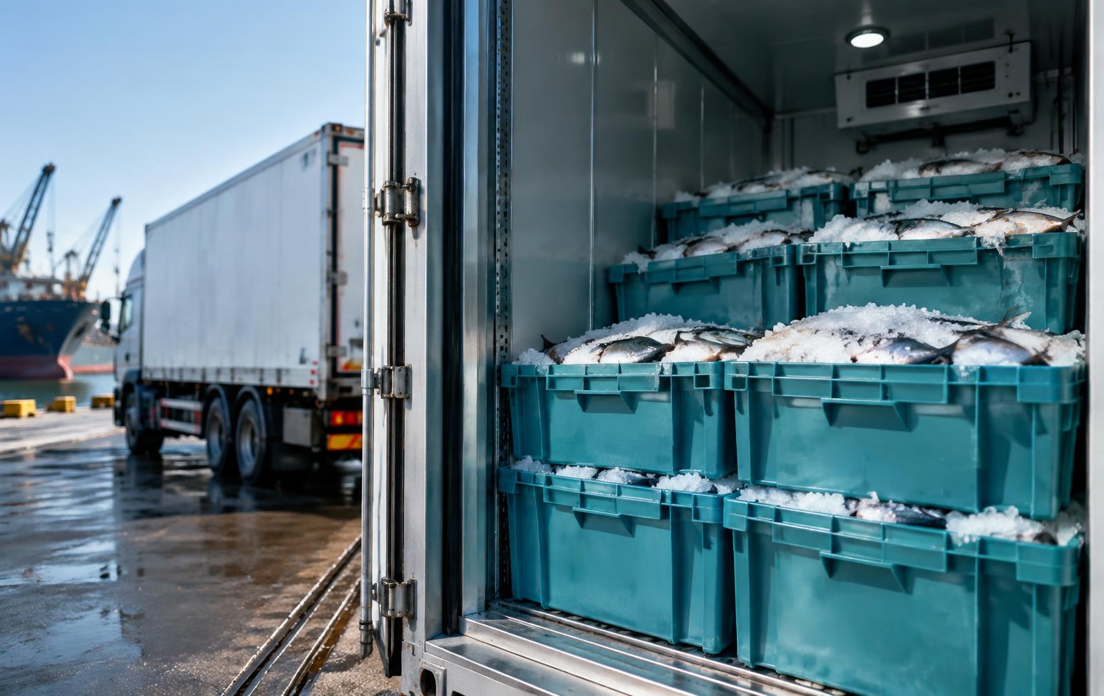Iced seafood export crates inside a refrigerated container