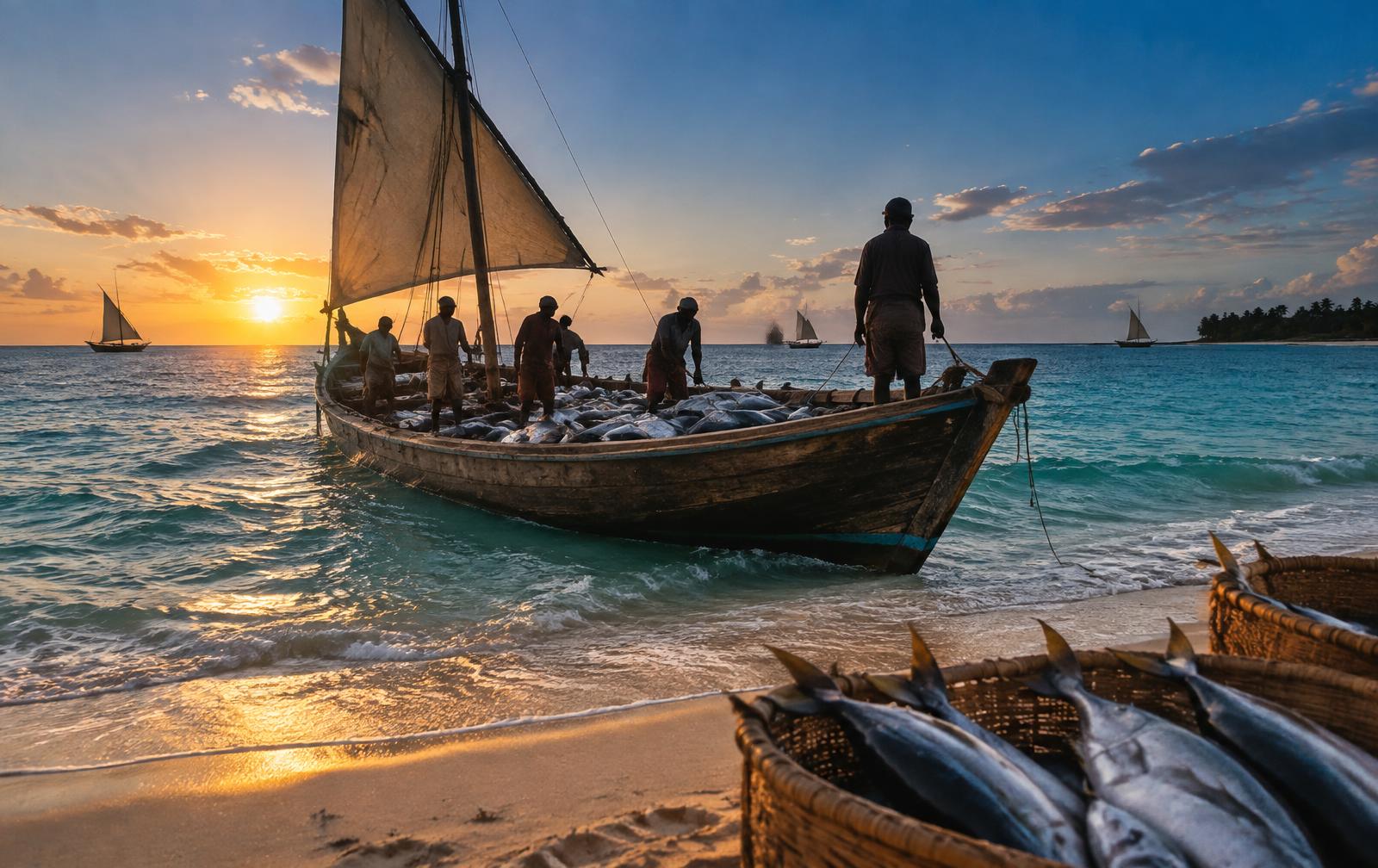 Fishing boat landing its catch on the Somali coast